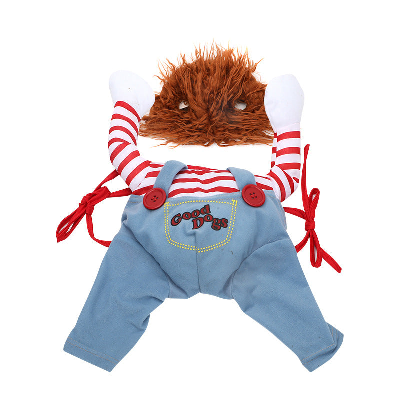 Dog Halloween costume: orange wig, striped arm sleeves, light-blue overalls with red drawstrings