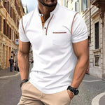Men's white henley polo T-shirt, short sleeves, 3-button placket, chest pocket