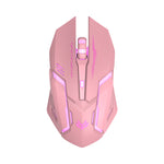 Pink gaming mouse top view with glowing pink LED accents and central button strip