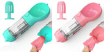 Pet water bottle feeder bowl with waste bag dispenser, teal and pink color bottles.