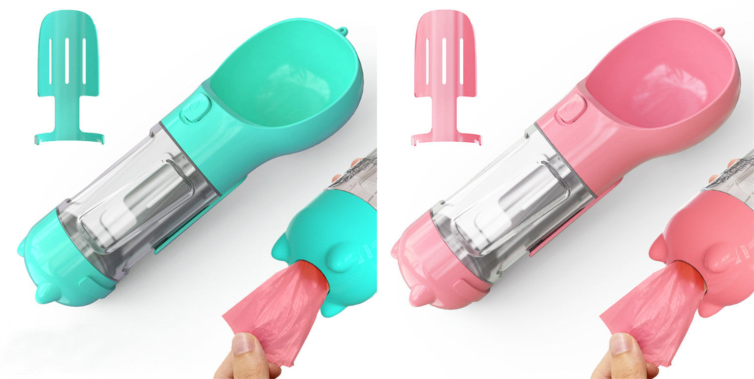 Pet water bottle feeder bowl with waste bag dispenser, teal and pink color bottles.