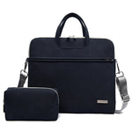 Black PU laptop briefcase bag with zip pouch, top handle and shoulder strap.