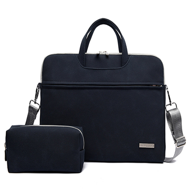 Black PU laptop briefcase bag with zip pouch, top handle and shoulder strap.
