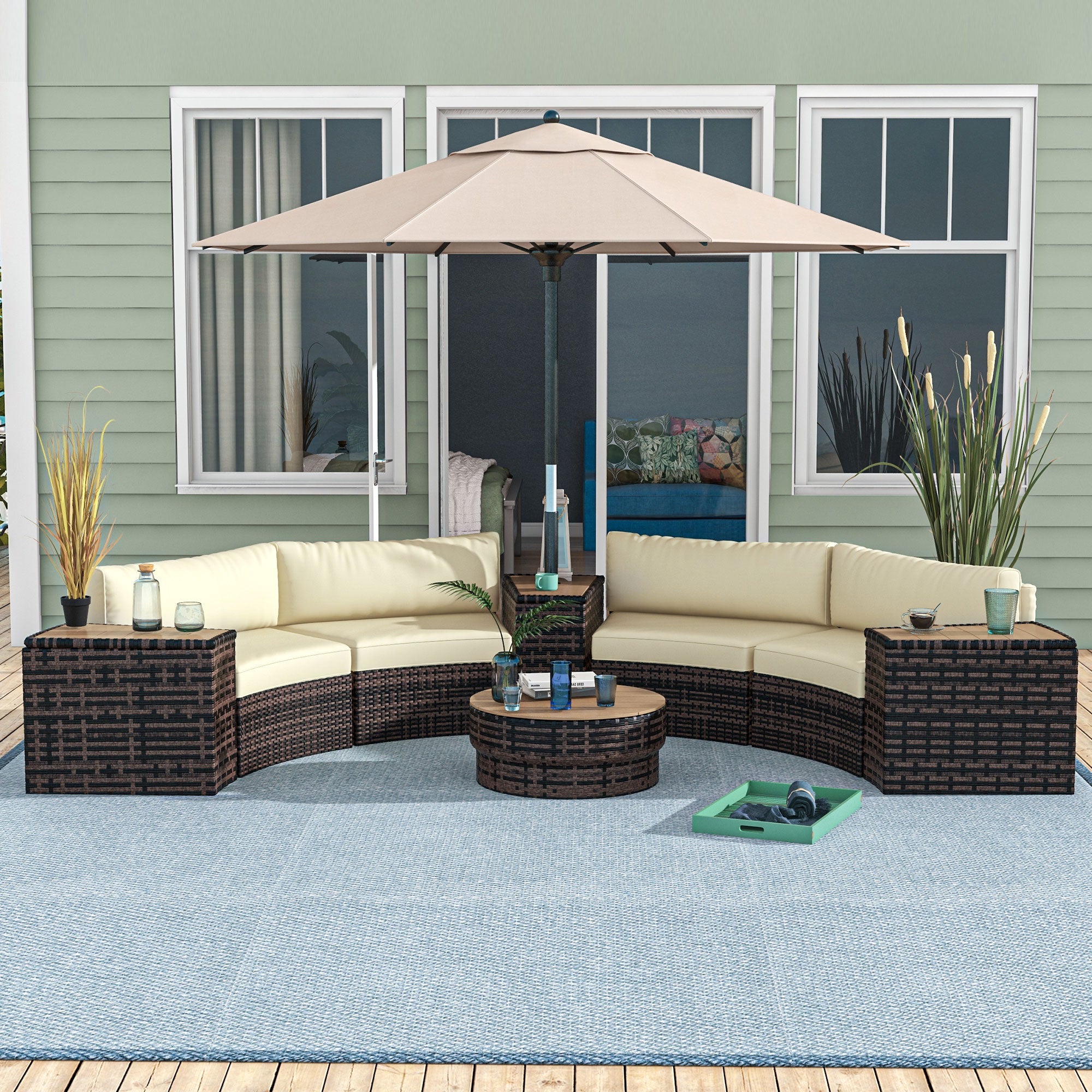 Juego de muebles de patio de 8 piezas con 4 sofás de ratán y 4 mesas con almacenamiento y orificio para sombrilla, marrón mixto