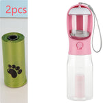 Pink dog water bottle with filter mesh, plus green poop bag roll (2 pcs)