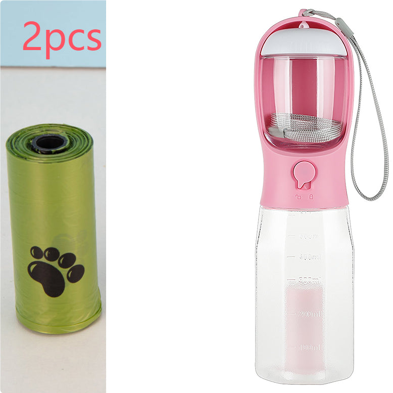 Pink dog water bottle with filter mesh, plus green poop bag roll (2 pcs)