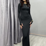 Long-sleeve fitted maxi dress, solid black, crew neck, sleek straight silhouette