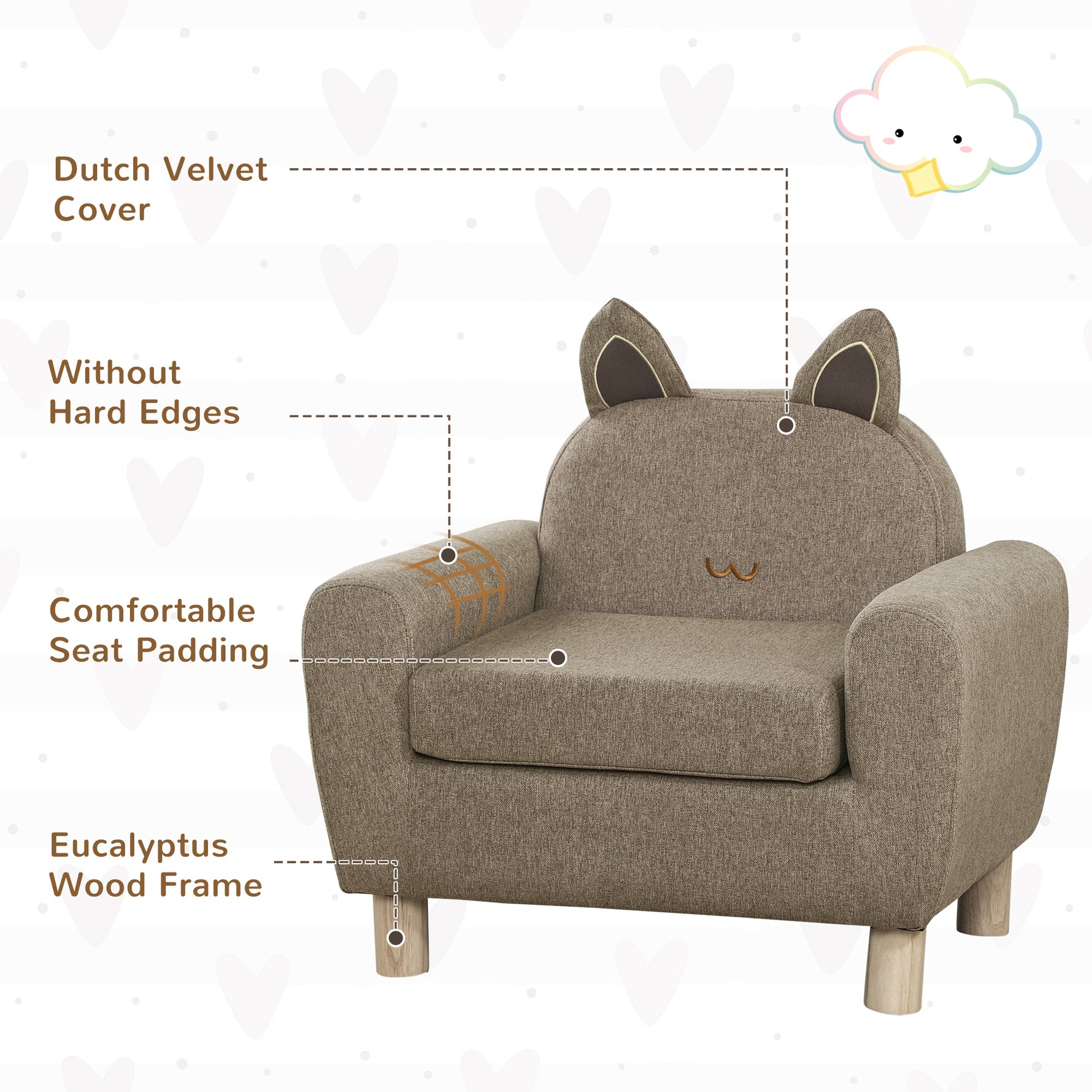 Kids Sofa Toddler Chair Children Armchair For Preschool Bedroom Playroom With Ear Modeling Wood Brown