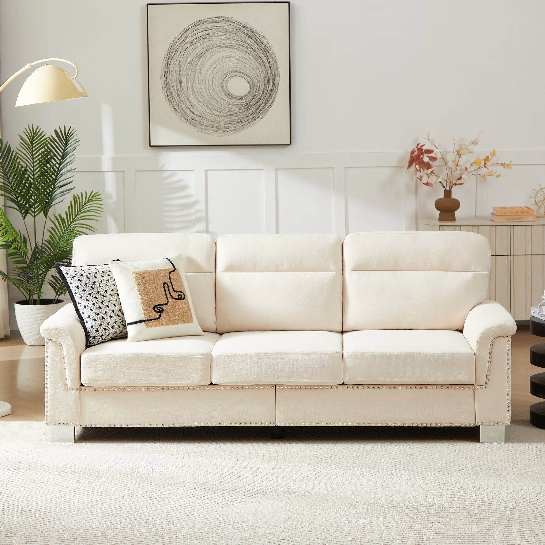 Sofá Chesterfield moderno de 3 plazas de 82" – Tejido "Snowfleece" Beige