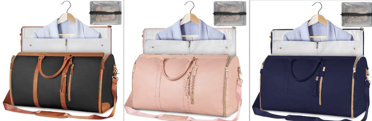 Three foldable waterproof duffle bags, black, pink, and navy with tassel zippers