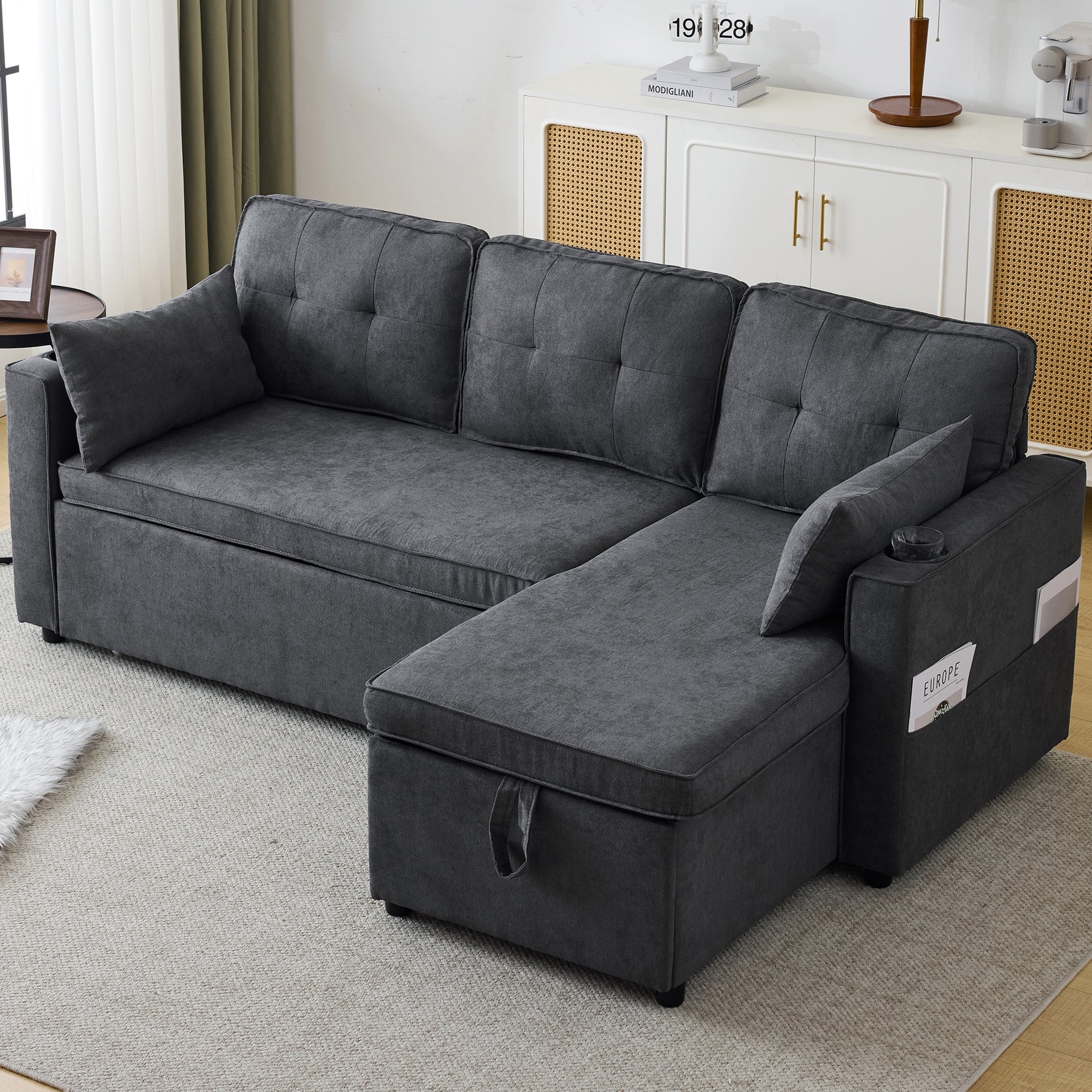 Sofá cama convertible 3 en 1 con chaise longue de almacenamiento interno, sofás cama en forma de L con portavasos, almohadas y bolsillo de almacenamiento. Sofá cama extraíble seccional para sala de estar, dormitorio u oficina, gris
