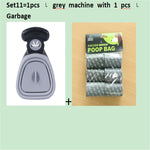 Light grey foldable dog poop scooper with black top, includes poop bag pack.