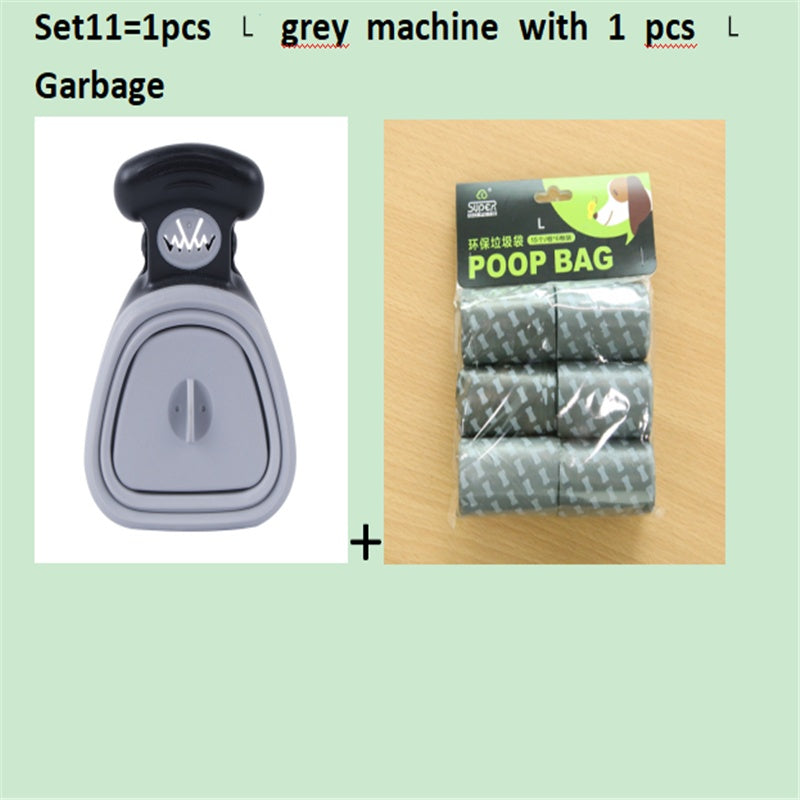 Light grey foldable dog poop scooper with black top, includes poop bag pack.