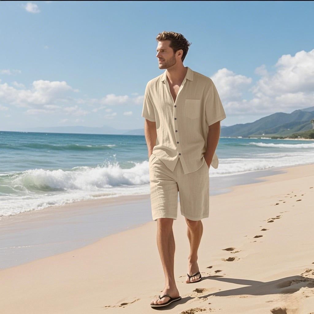 Khaki linen short-sleeve shirt and matching shorts set with open collar and chest pocket