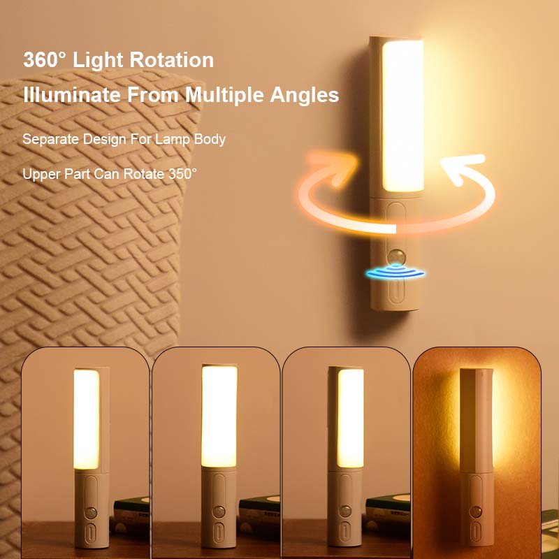 Rotating LED night light with rectangular glowing panel and gray base on a wall mount