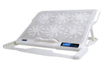 Laptop cooling stand in white with built-in white fan pattern on metal mesh platform