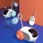 White and orange cat chase car toy with feather brush and handheld remote controller