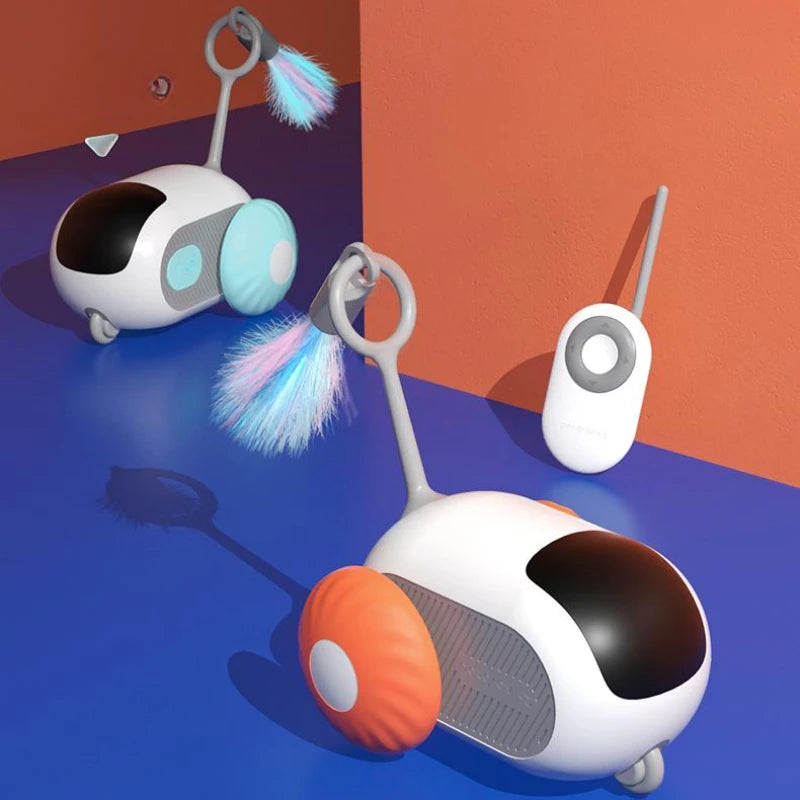 White and orange cat chase car toy with feather brush and handheld remote controller