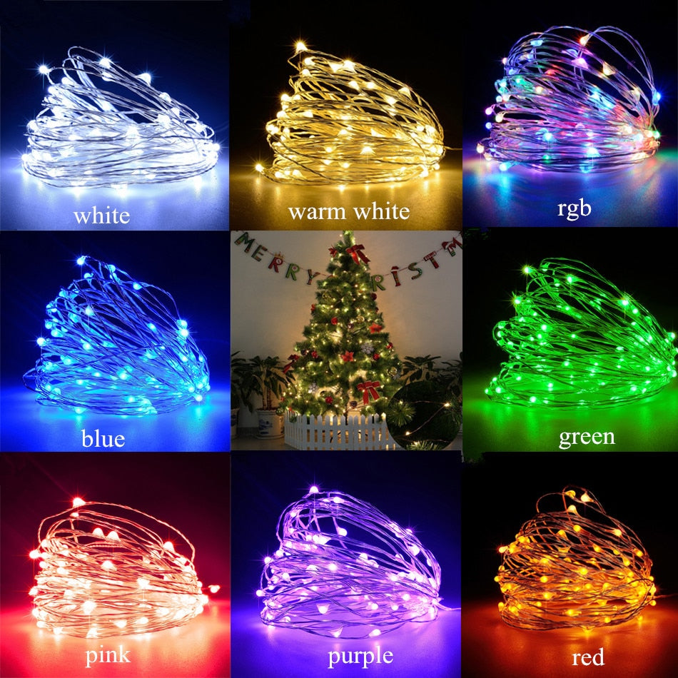 Luces de Navidad LED para Exteriores, a Pilas o por USB, Guirnalda de Hadas de Alambre de Cobre de 2m, 5m o 10m para Decoración de Fiestas y Bodas