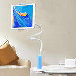Blue and white flexible phone and tablet stand with spiral arm and cradle