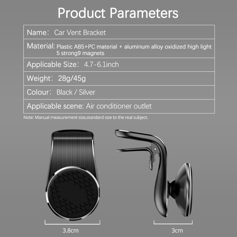 Car vent phone holder with vent clip and magnetic pad, black and silver