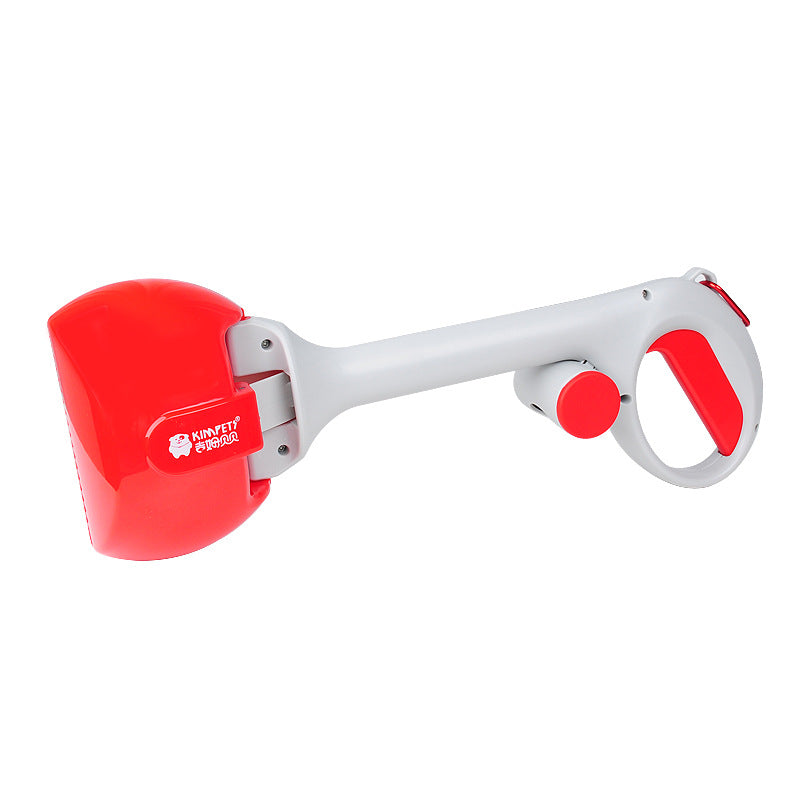 Automatic foldable pet pooper scooper with red hopper and white handle