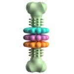 Green bone-shaped dog chew toy with textured nubs and stacked ring sections.