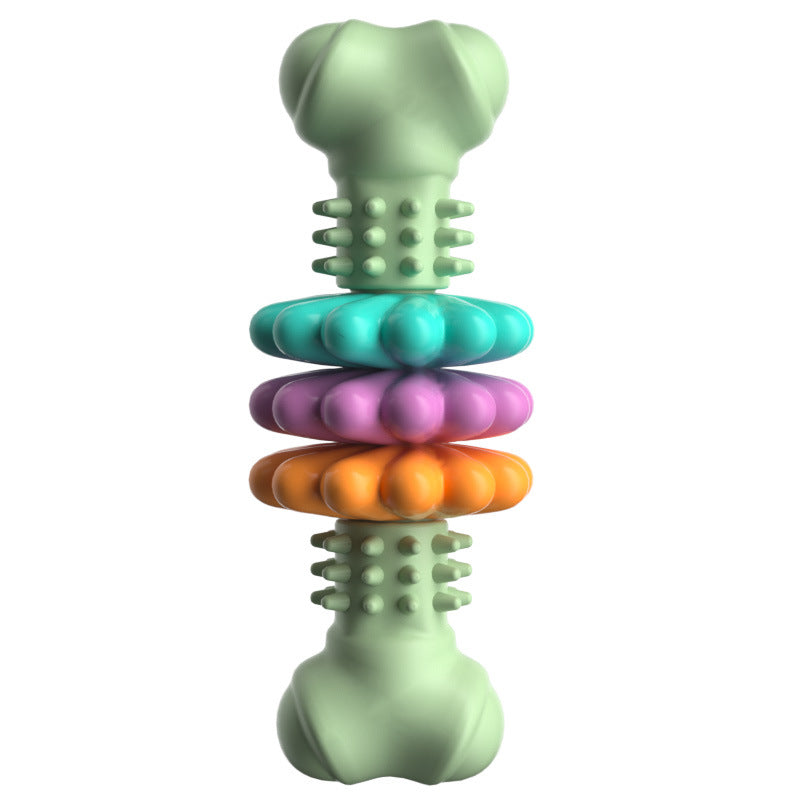 Green bone-shaped dog chew toy with textured nubs and stacked ring sections.
