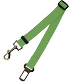 Adjustable dog car seat belt strap in green with metal clasp and buckle adjuster.