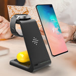 Black wireless charger stand with phone holder and smartwatch cradle