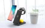 Black wireless charger stand with phone holder and smartwatch band cradle