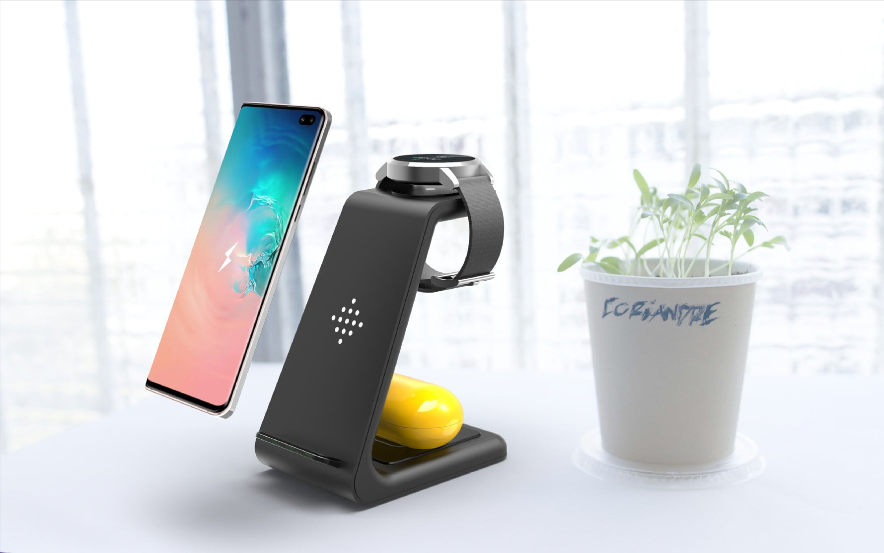 Black wireless charger stand with phone holder and smartwatch band cradle