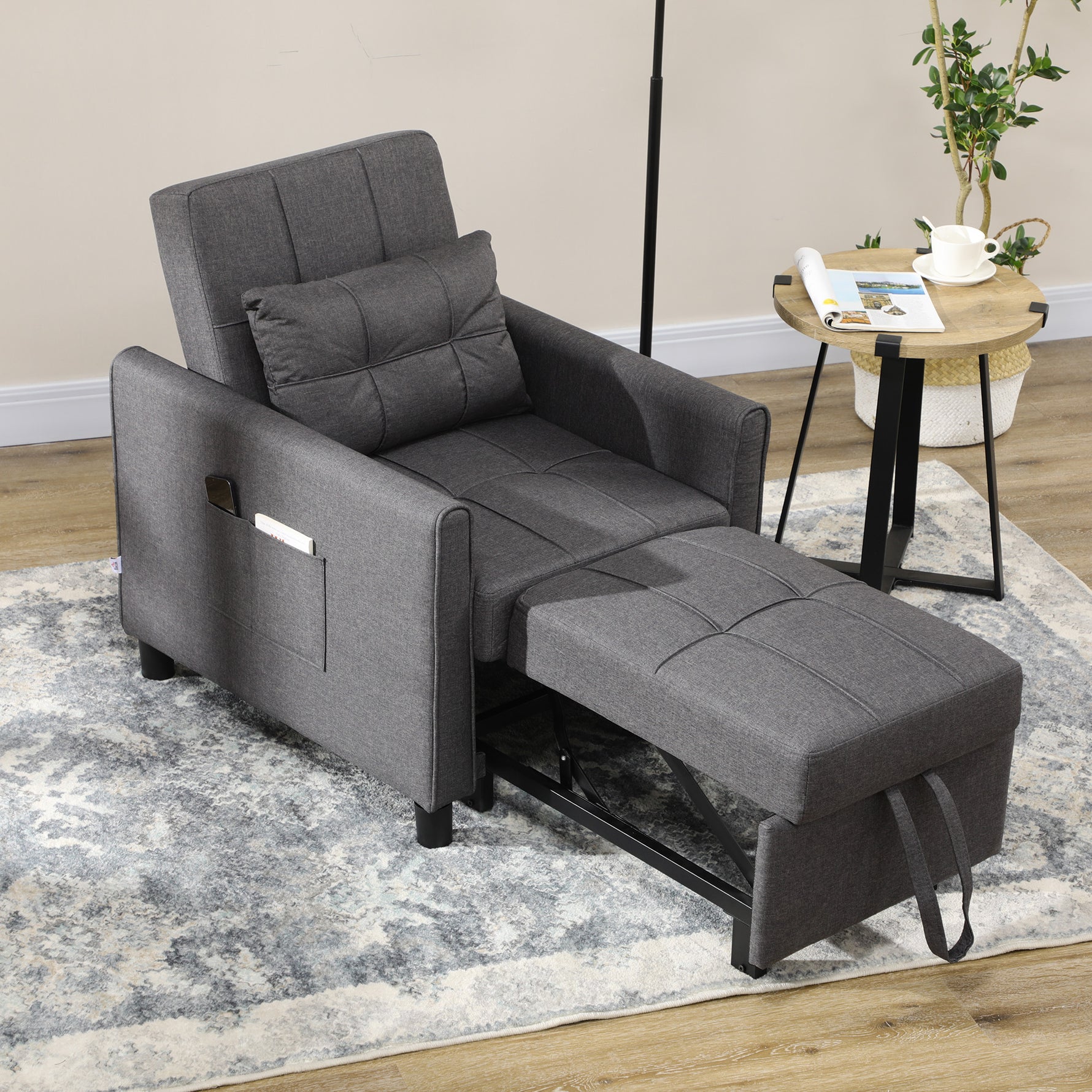 3-in-1 Single Chair Bed – Adjustable Back Convertible Sofa, Eucalyptus Frame, Grey