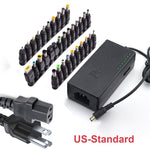 Universal power adapter with DC tips and indicator lights, and US two-prong plug