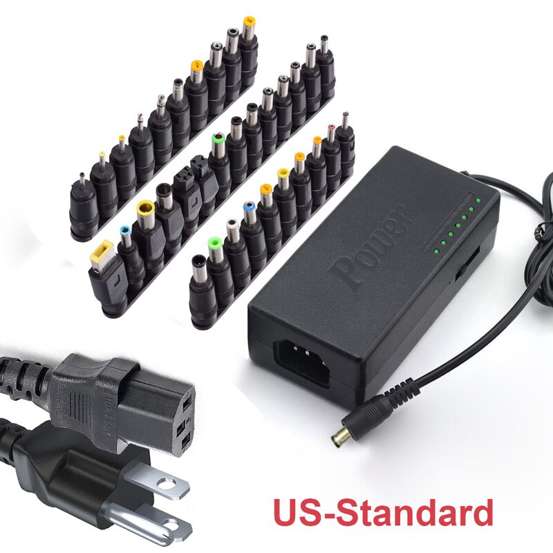 Universal power adapter with DC tips and indicator lights, and US two-prong plug