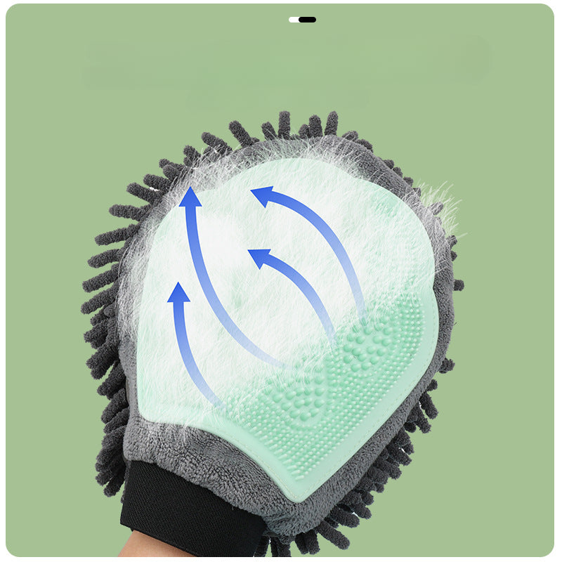 2-in-1 pet grooming glove: mint silicone nubs on gray chenille