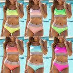 Women’s triangle bikini set, neon green top and high-rise bottoms with striped trim