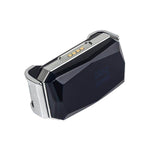 Pet GPS tracker body in dark housing with silver trim and side indicator dots