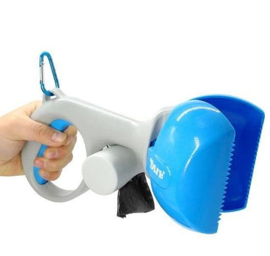 Dog waste scooper with blue bin and white handle, held in a person’s hand.
