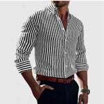 Men's black-and-white striped long-sleeve button-up shirt, spread collar, button placket