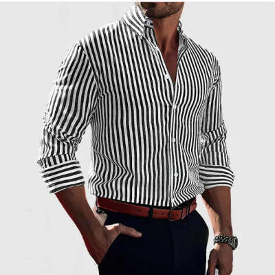 Men's black-and-white striped long-sleeve button-up shirt, spread collar, button placket