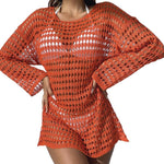 Hollow-knit beach dress, orange, long sleeves, round neck with open crochet pattern