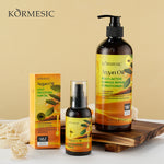 Argan oil hair oil set with pump bottle, mini bottle, and box packaging