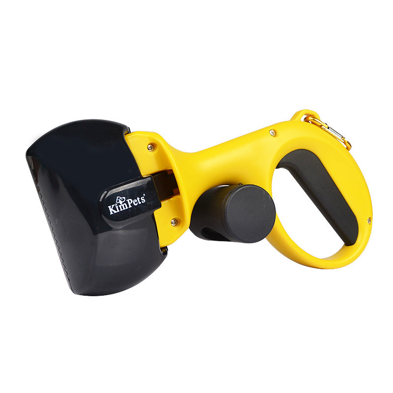 Automatic foldable pet pooper scooper with yellow handle and black waste hopper