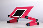 Red adjustable laptop stand with folding legs and built-in mouse pad