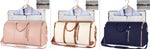Three foldable waterproof duffle bags, pink, white, and navy with zipper closures
