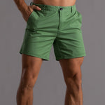 Men's army green cotton shorts with button front and side pockets