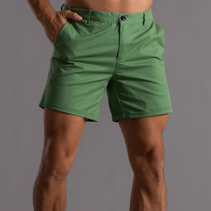 Men's army green cotton shorts with button front and side pockets