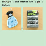 Light blue foldable dog pooper scooper with black patterned waste bag pack