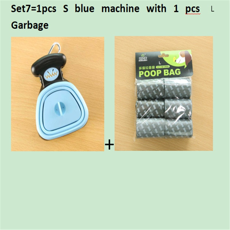 Light blue foldable dog pooper scooper with black patterned waste bag pack